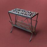 Vintage side table and magazine rack in wrought iron and ceramic tiles