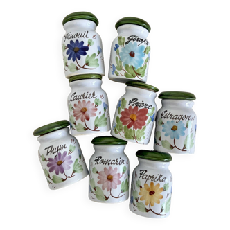 8 vintage hand-painted ceramic spice jars