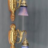 Pair of Rococo / Louis XV wall lights in gilded bronze, walnut bases and glass tulips, France, Circ