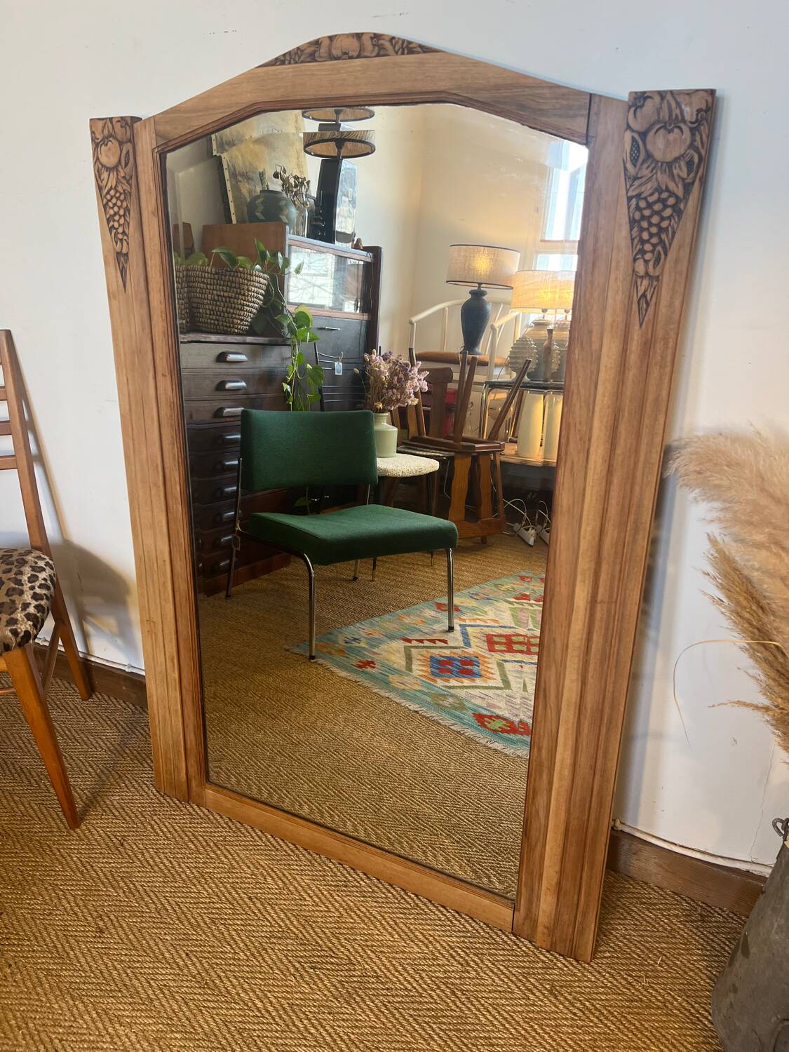 Large old art deco mirror in wood and beveled glass