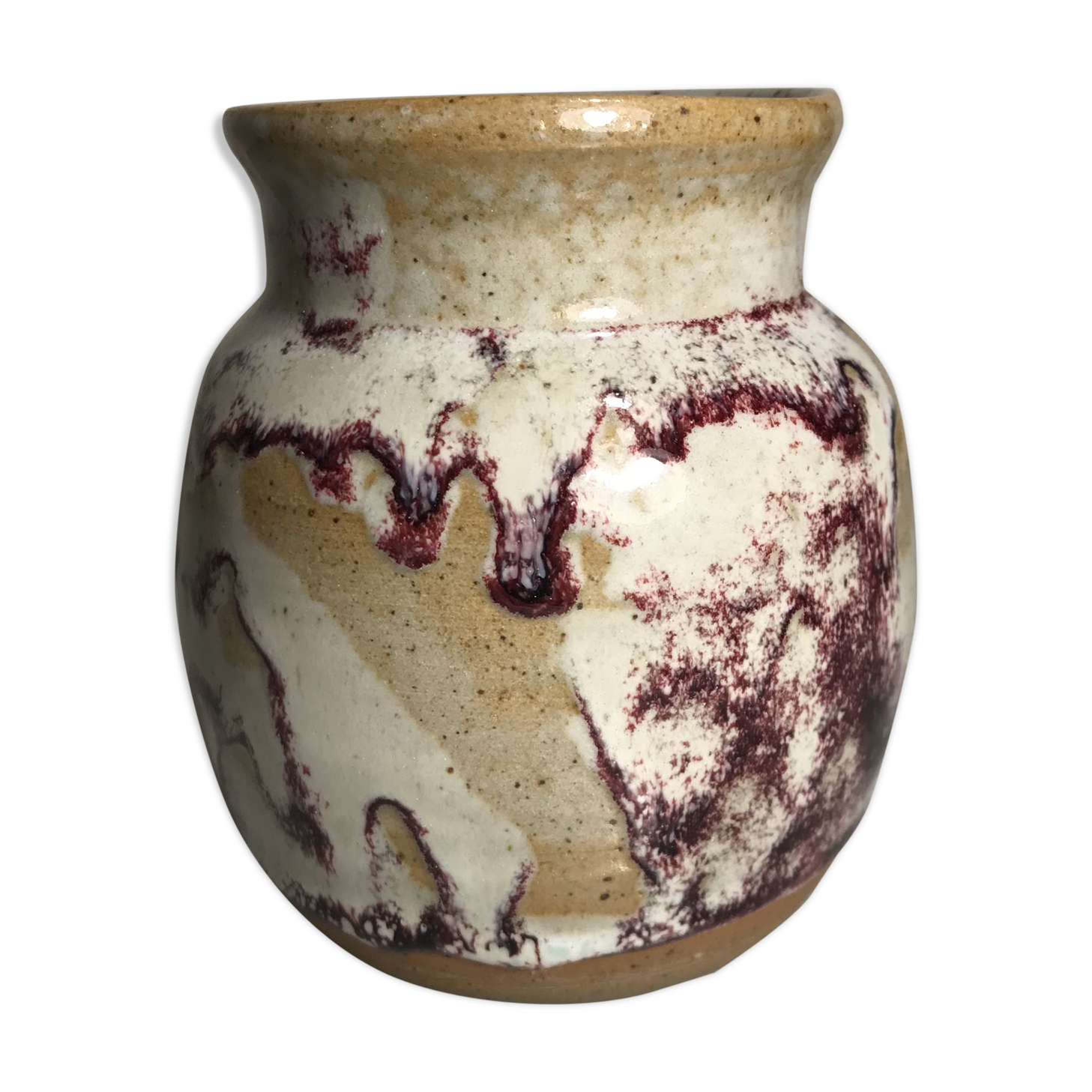 Vase boule grès émaillé beige coulures années 60 vintage