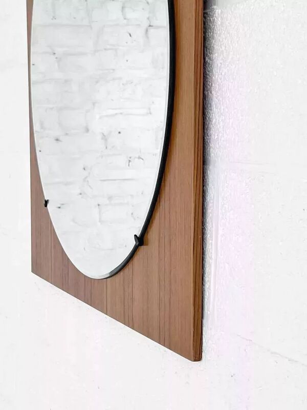 Miroir rond des années 60 - 70 sur cadre carré en bois
