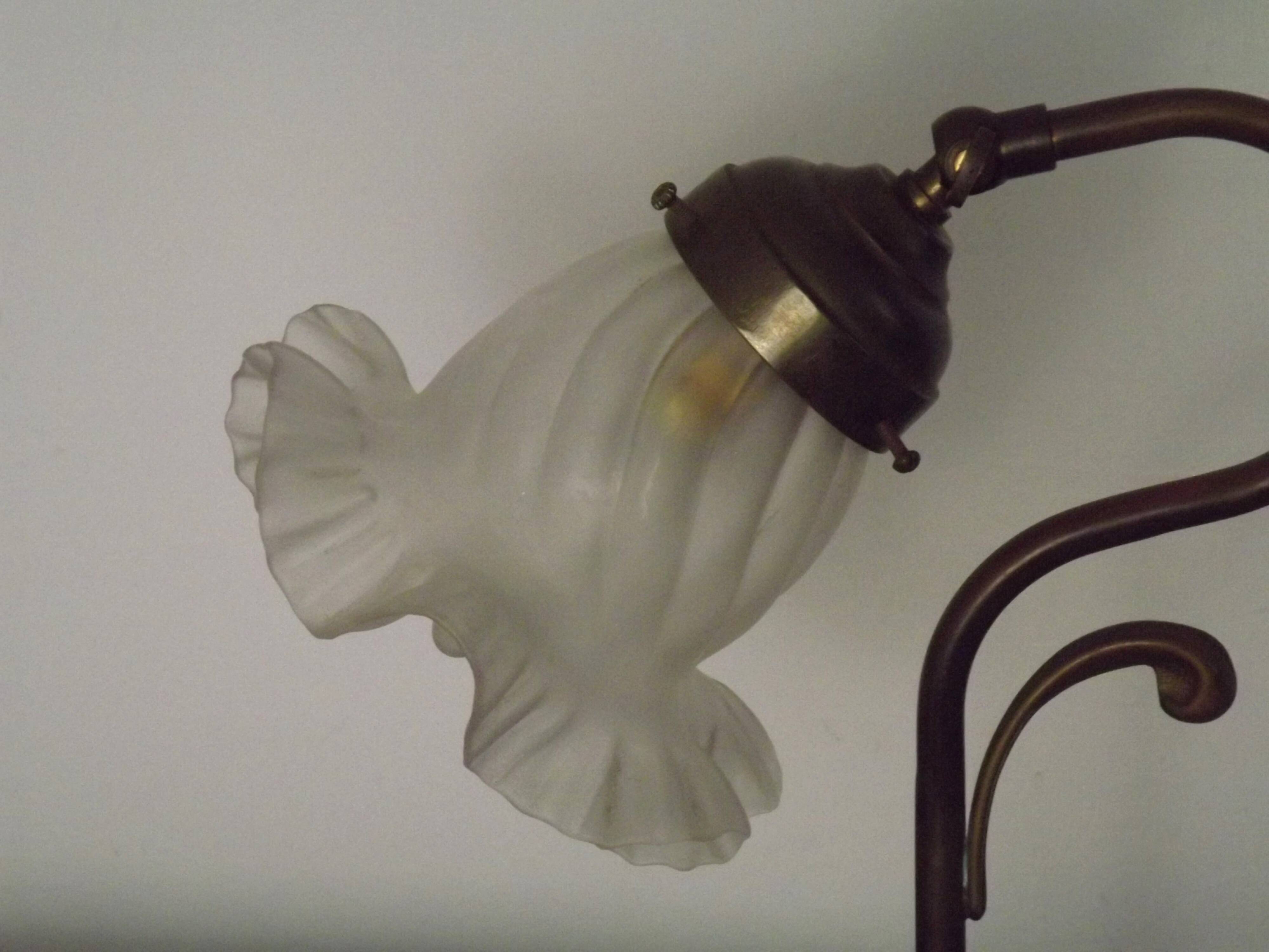 Vintage French Brass Gooseneck Table Lamp with Opaque Patterned Glass Shade 5522
