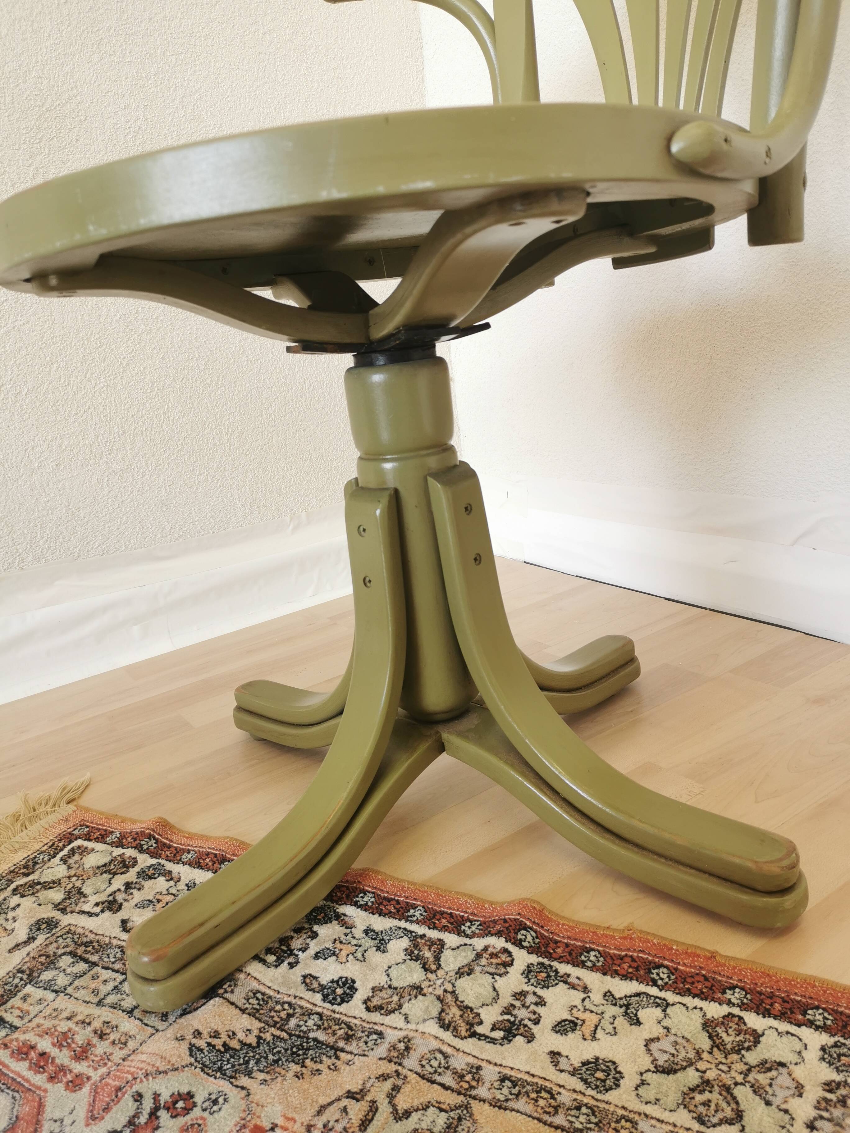 Vintage Thonet Style Bentwood Swivel Chair - Olive Green Retro Armchair