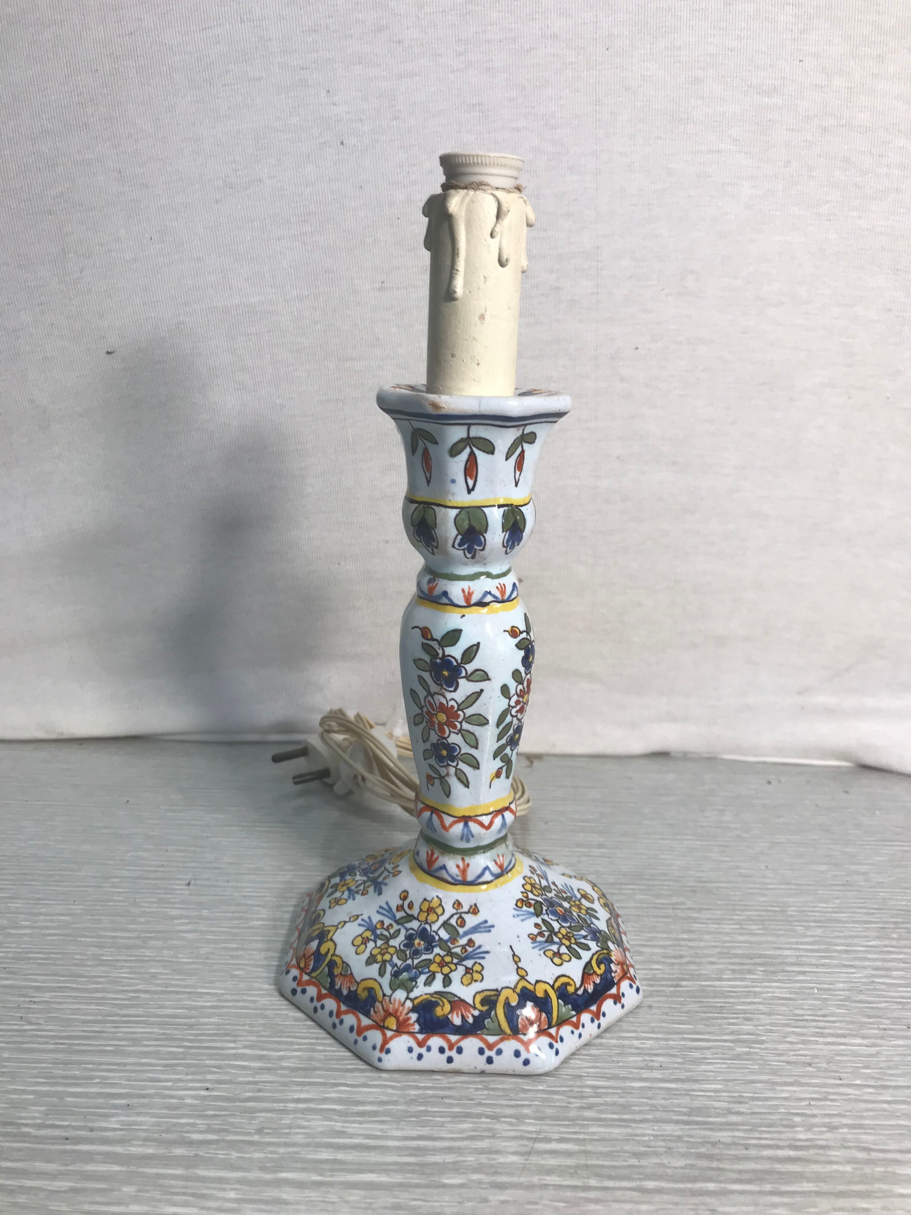 Vintage electrified candleholders in painted ceramic octagonal foot