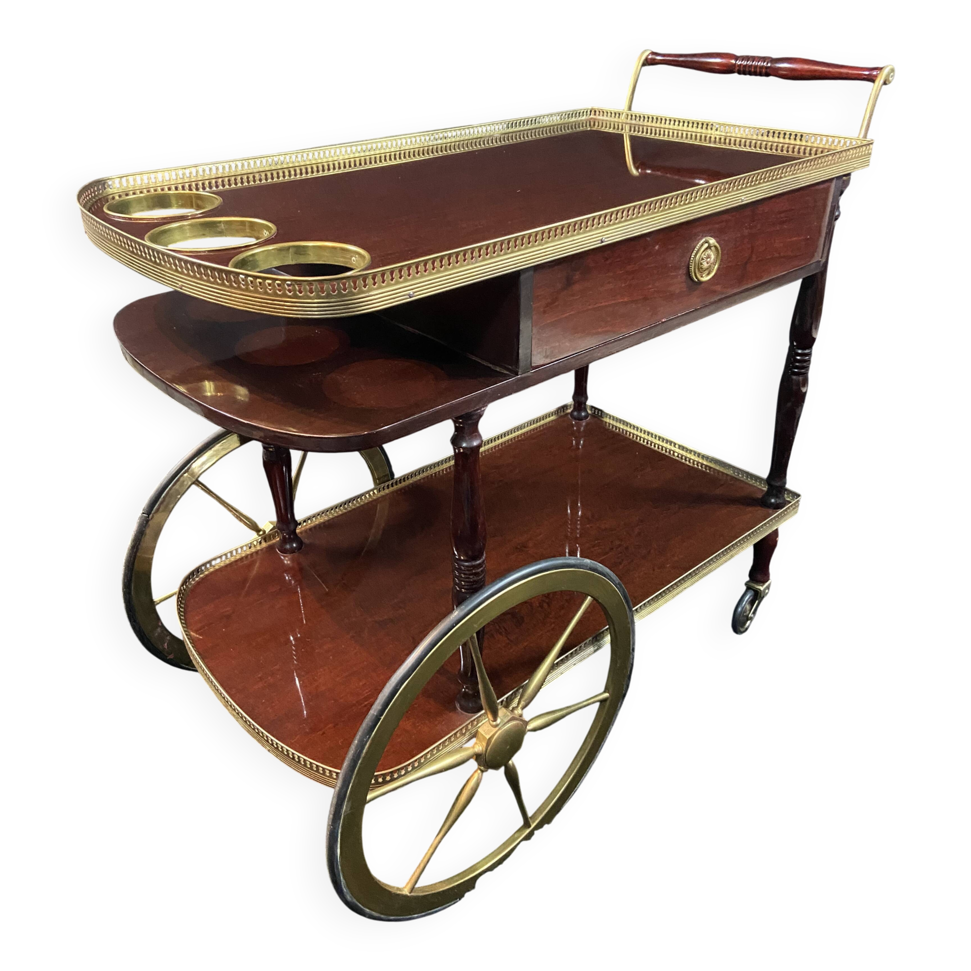 Rolling bar cart, bar trolley, bar rolling in varnished mahogany and brass