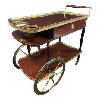 Rolling bar cart, bar trolley, bar rolling in varnished mahogany and brass