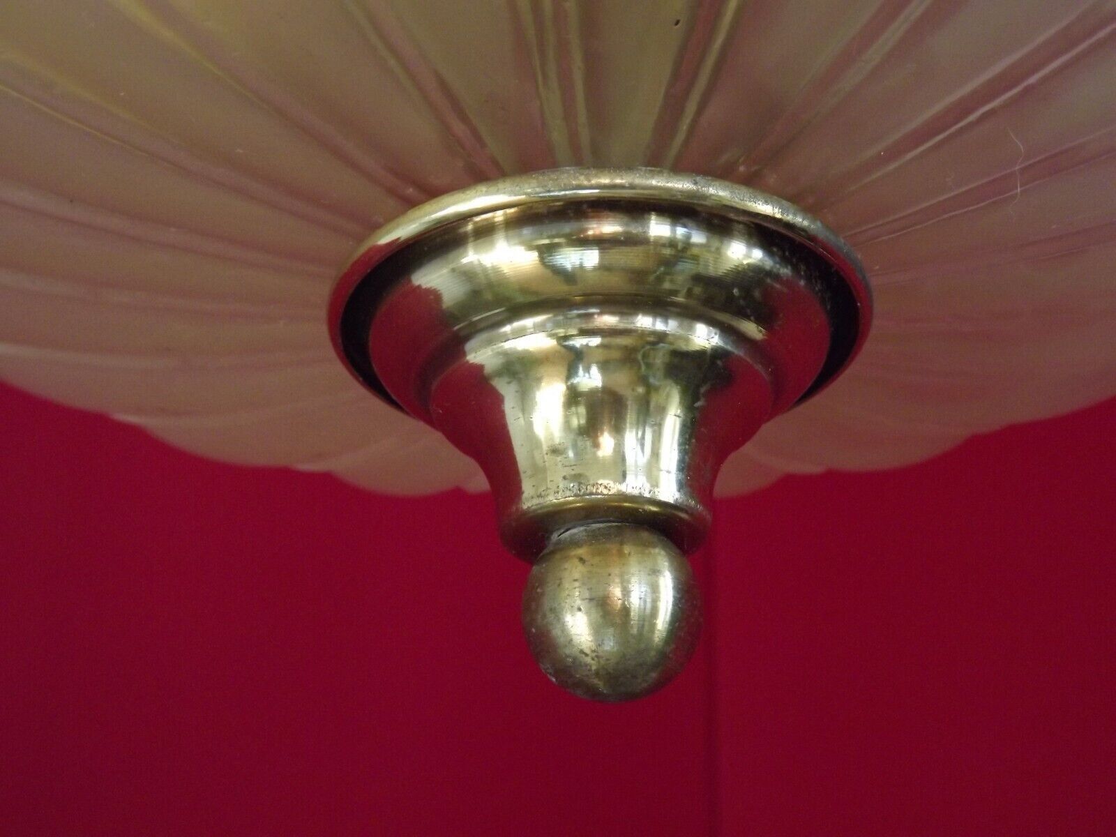 French mid century 3 bulb brass semi flush ceiling light opaque glass shade