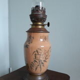 Earthenware kerosene lamp, bohemian crystal and hasag spout