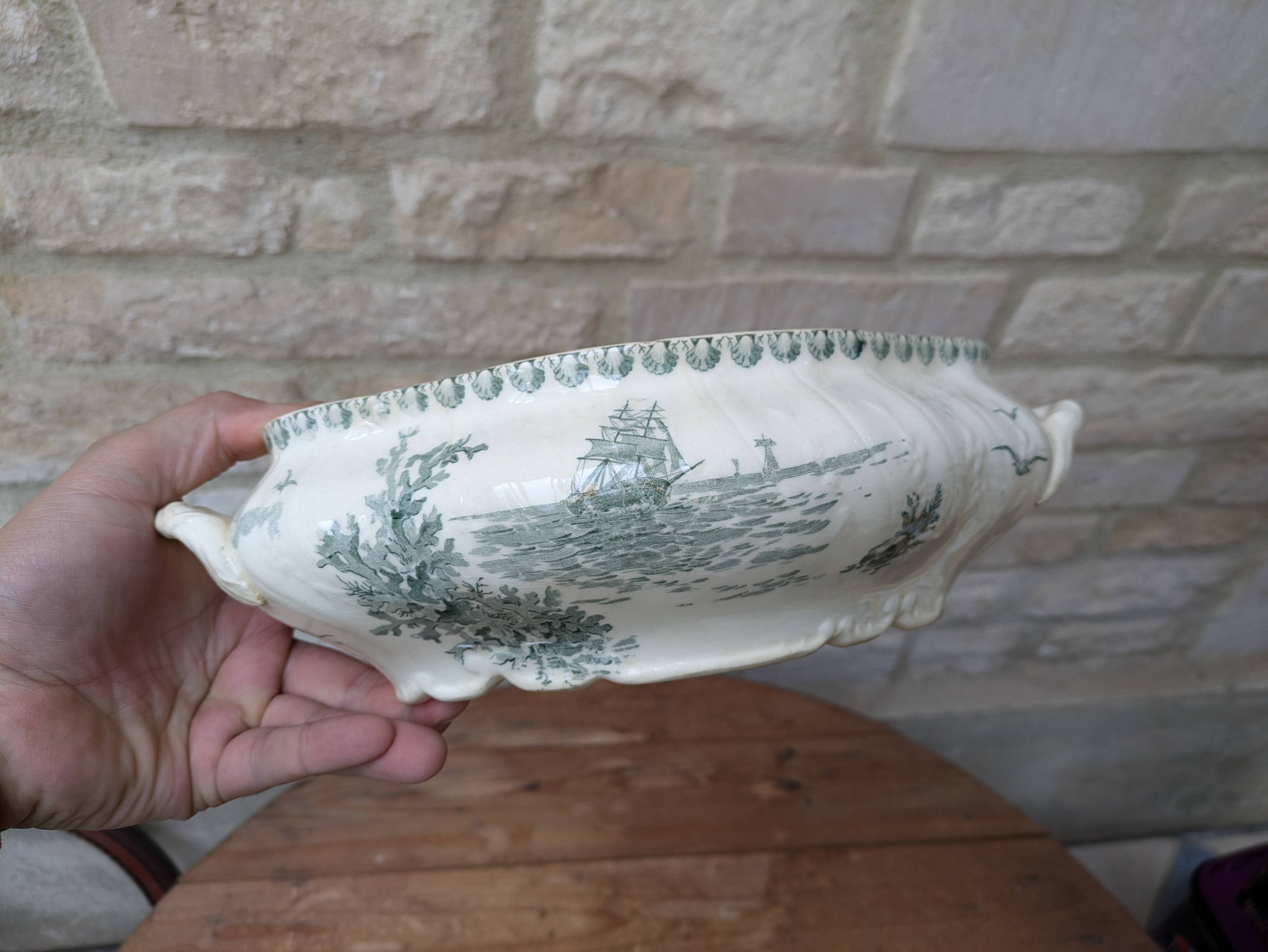 Old vegetable dish serving dish Terre de Fer Opaque porcelain from Gien Ocean model