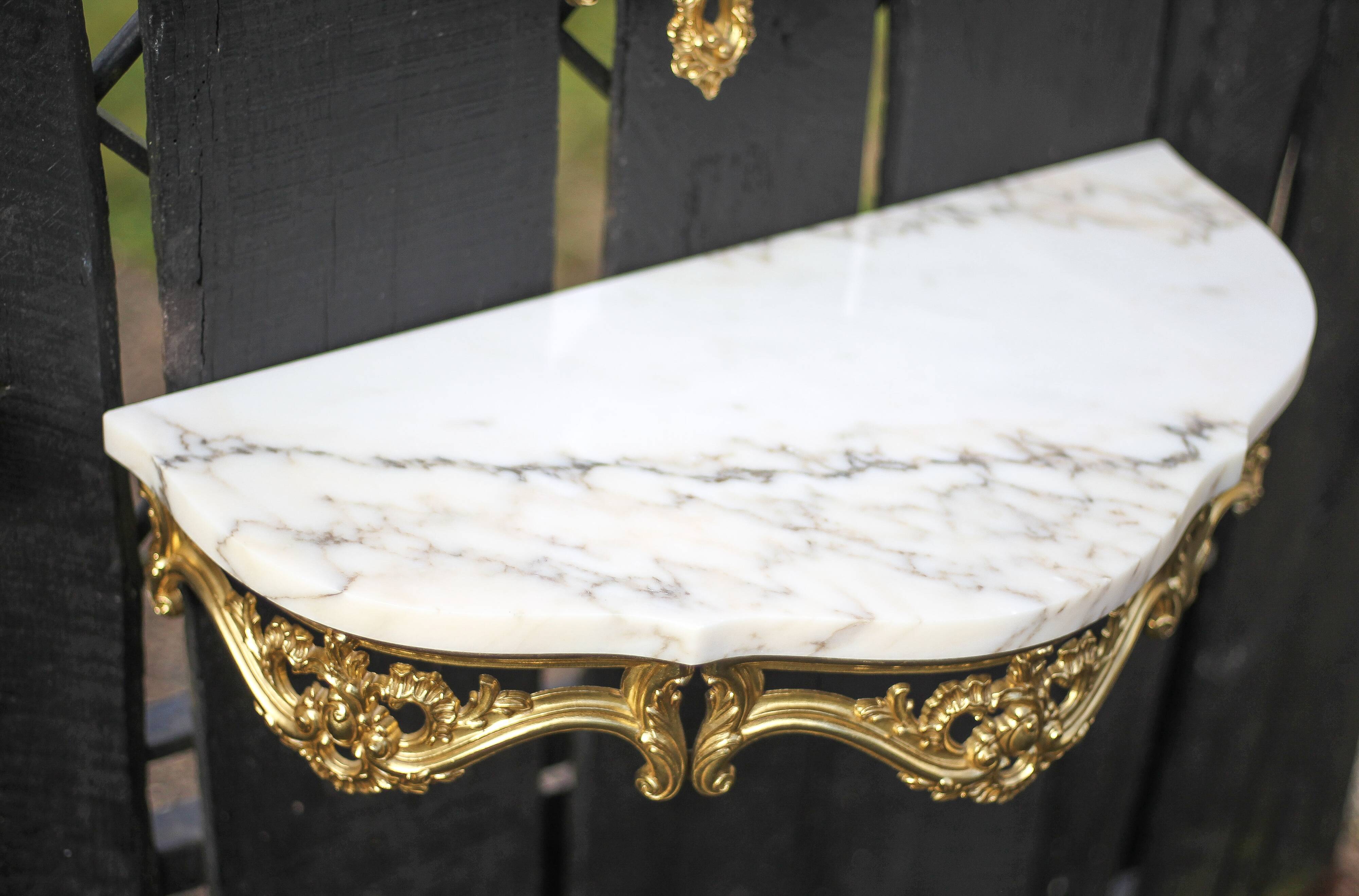 Console and its vintage mirror, brass and marble wall console, rococo style brass mirror