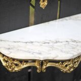 Console and its vintage mirror, brass and marble wall console, rococo style brass mirror