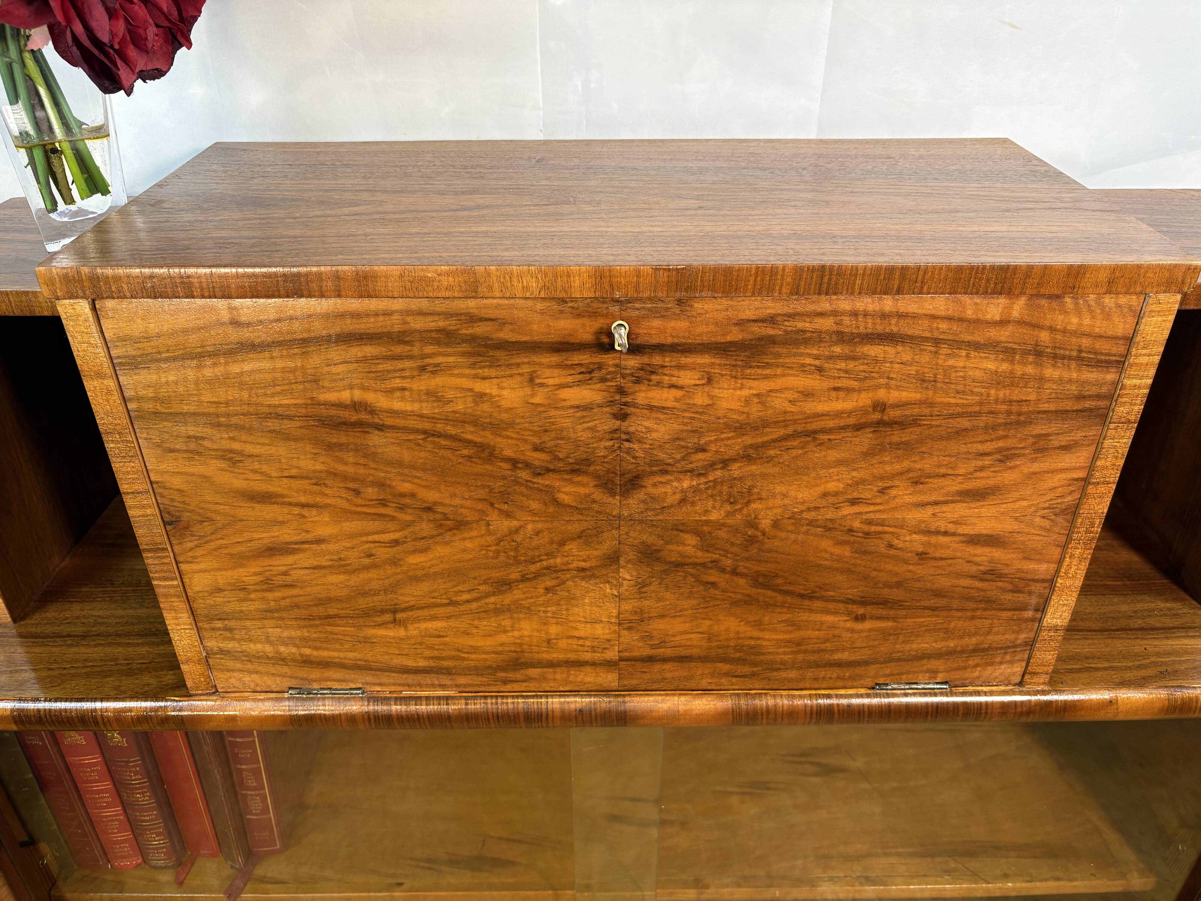 Art Deco Vintage 1930s Burr Walnut Bureau Display Cabinet Fall Front