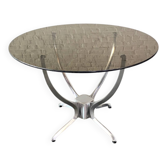 Table à manger ronde - verre fumé et base en aluminium brossé