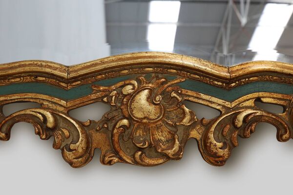 Miroir baroque belge doré de style Louis XV avec étiquette « Knitter-Duro Brevete »