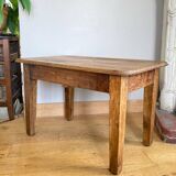 Old coffee table in solid oak and walnut from the 19th century, one belt drawer