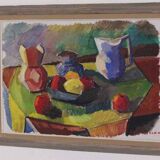 Original mid-century Swedish oil on canvas – “Kubisk Jug and Fruit” by Bror Göransson – vintage & framed – 75 × 58 cm (29.5" × 22.8")