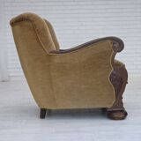 1960s, Danish armchair, original green furniture velour, carved oak wood.