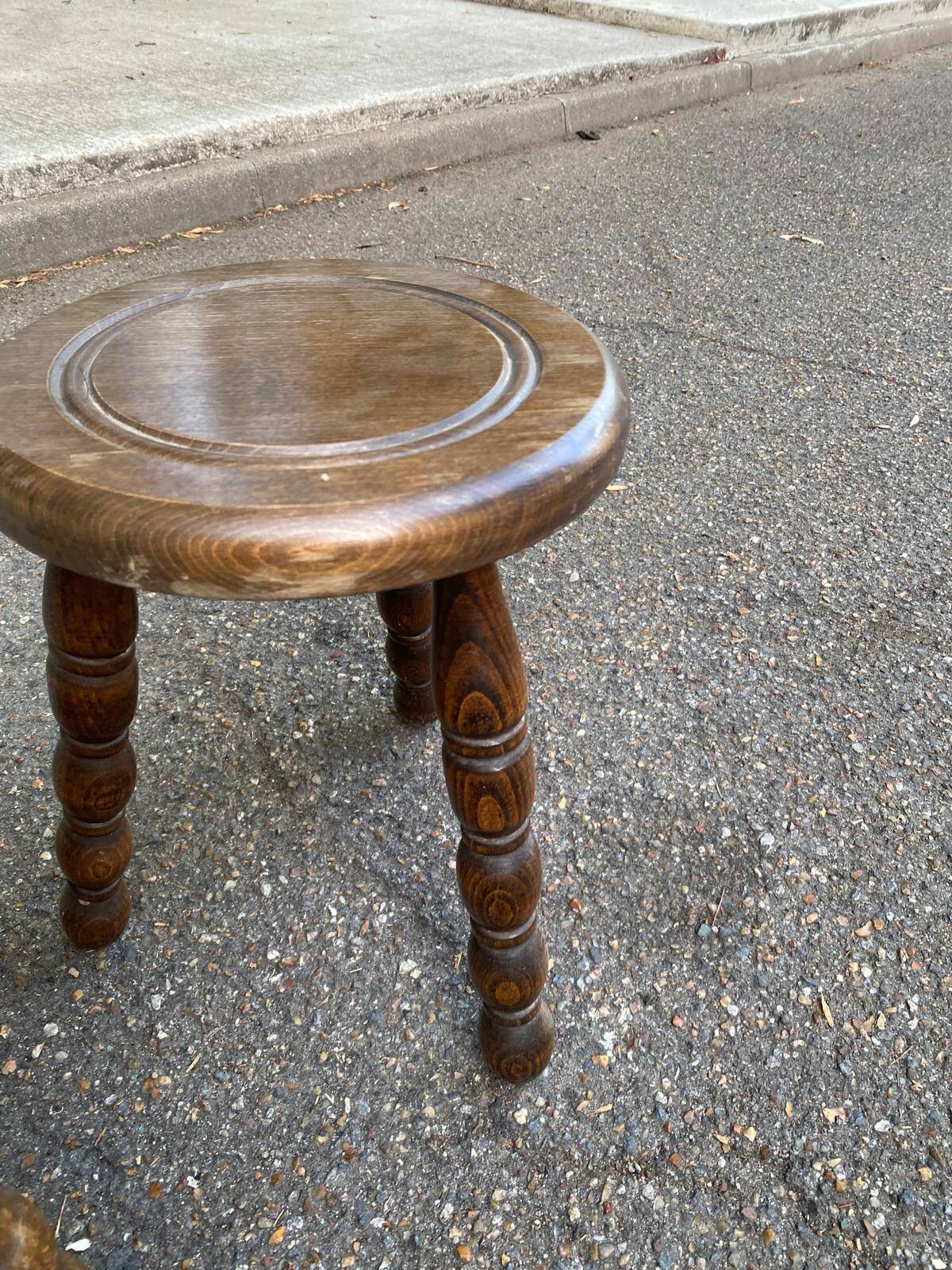 2 tripod stools in turned solid wood, Charles Dudouyt style, 1960.