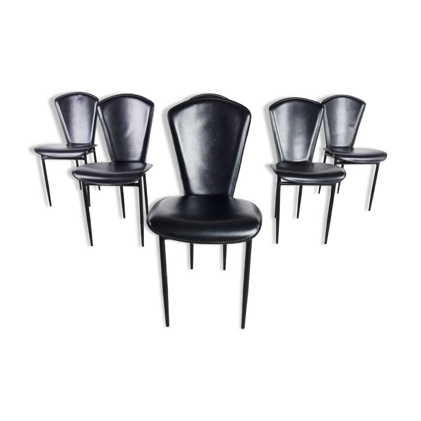 Vintage black leather dining chairs, set of 6, 1980s