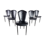 Vintage black leather dining chairs, set of 6, 1980s