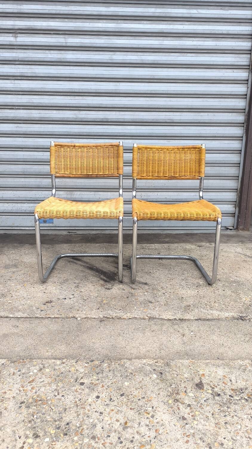 Pair of rattan and chrome-plated metal chairs, 1970