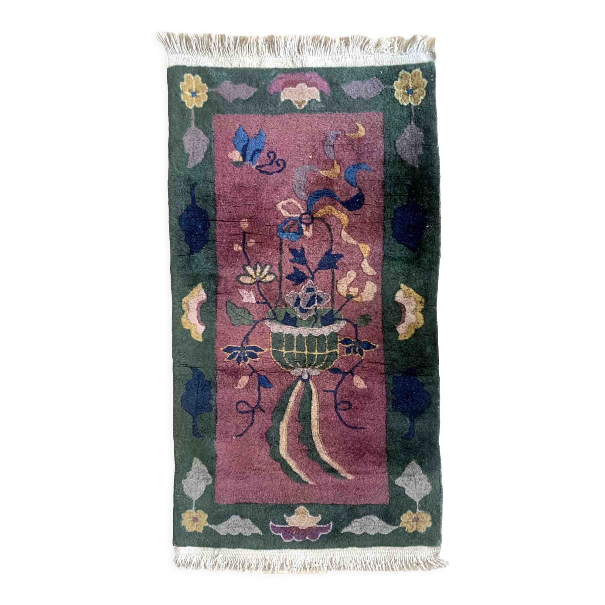 Chinese Art Deco handmade antique carpet 64cm x 128cm 1920s