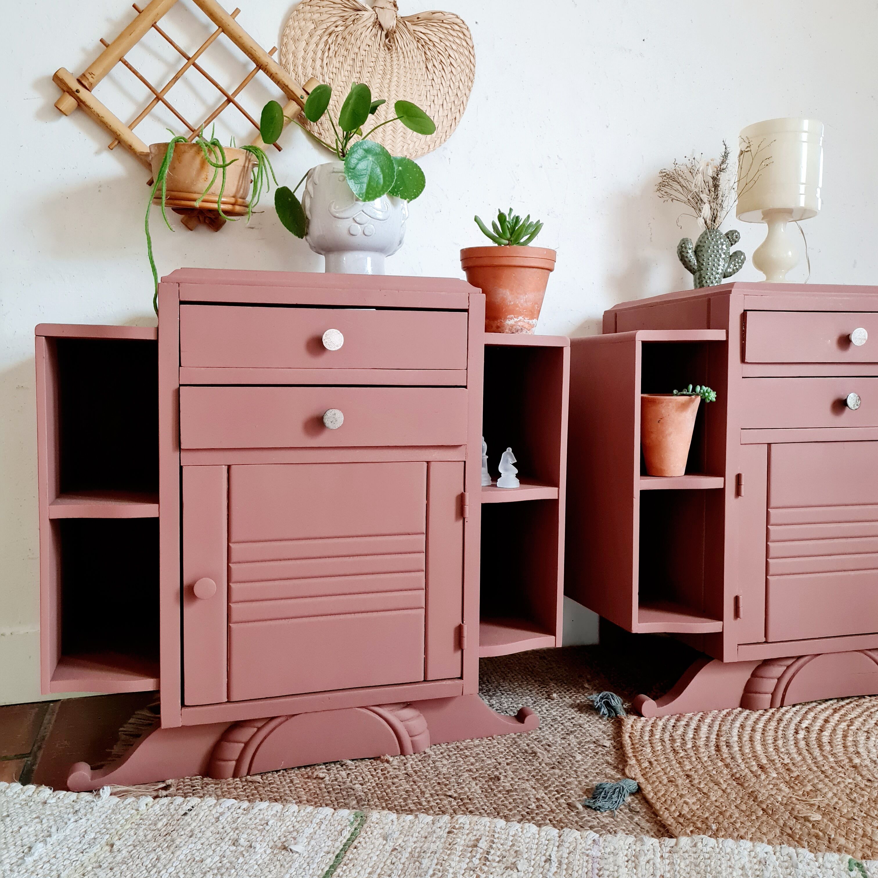 Pair of art deco bedside tables renovated Red ochre