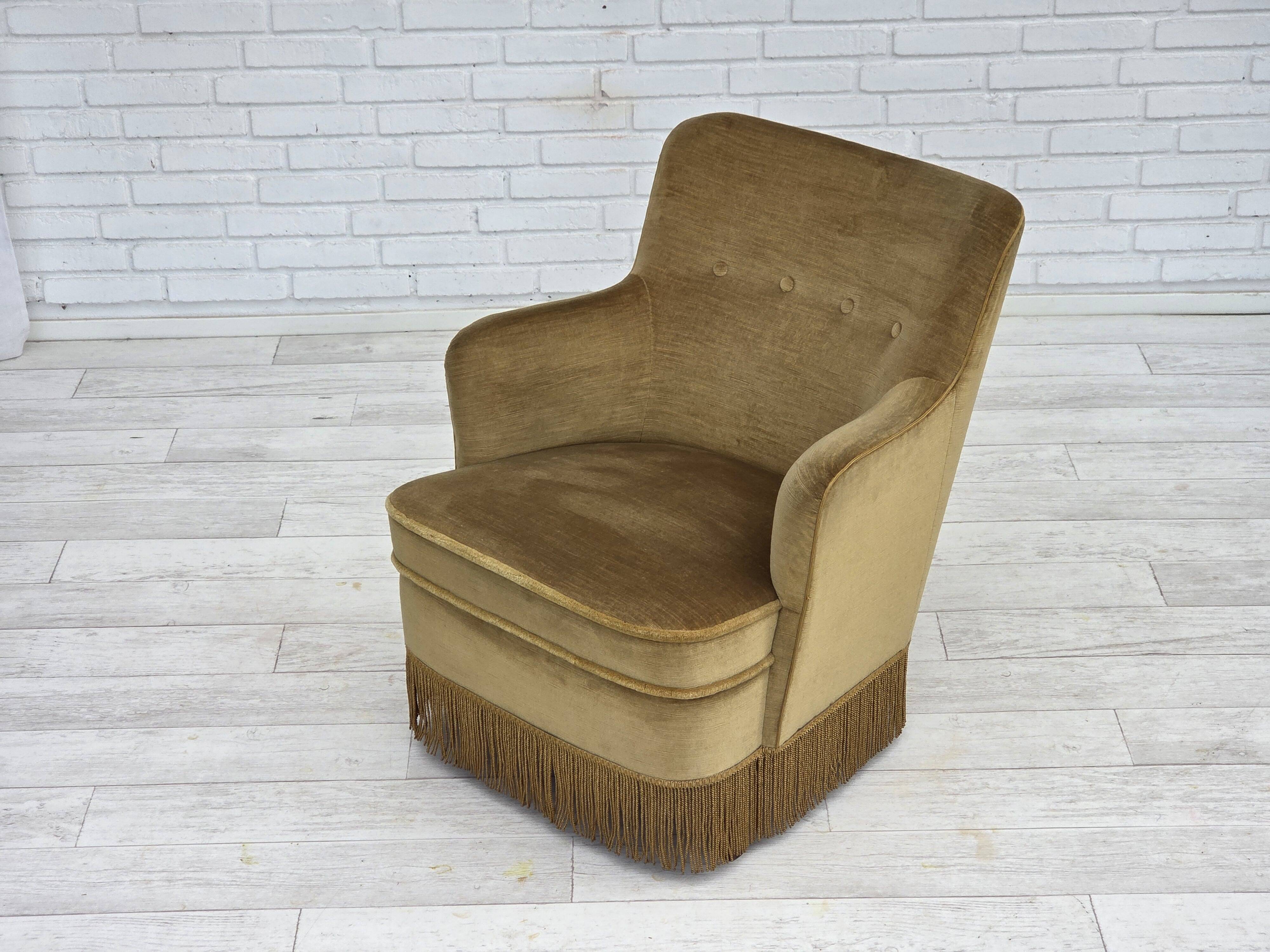 1970s, Danish lounge chair, light green furniture velour, beech wood.