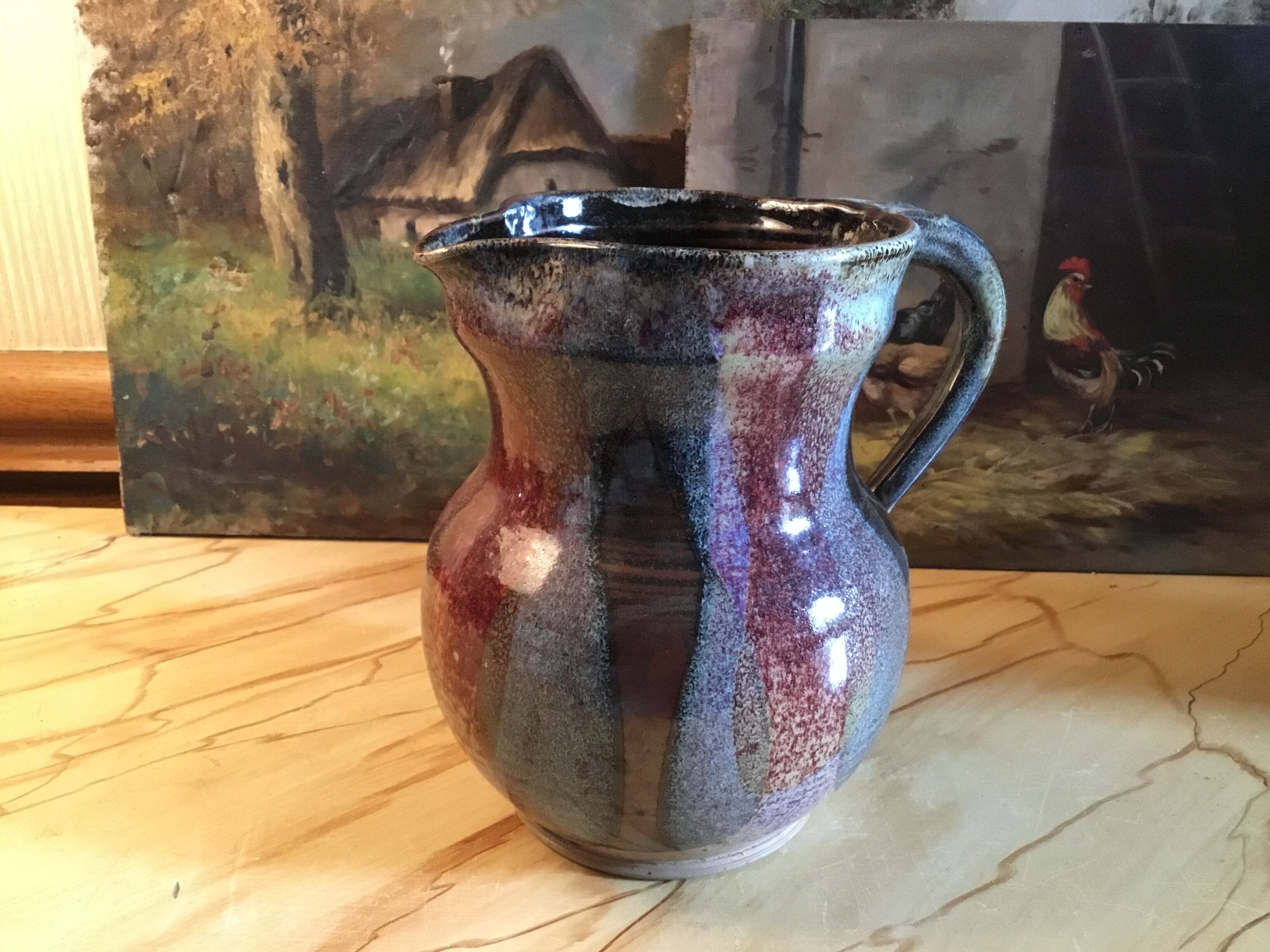 Signed varnished sandstone pitcher