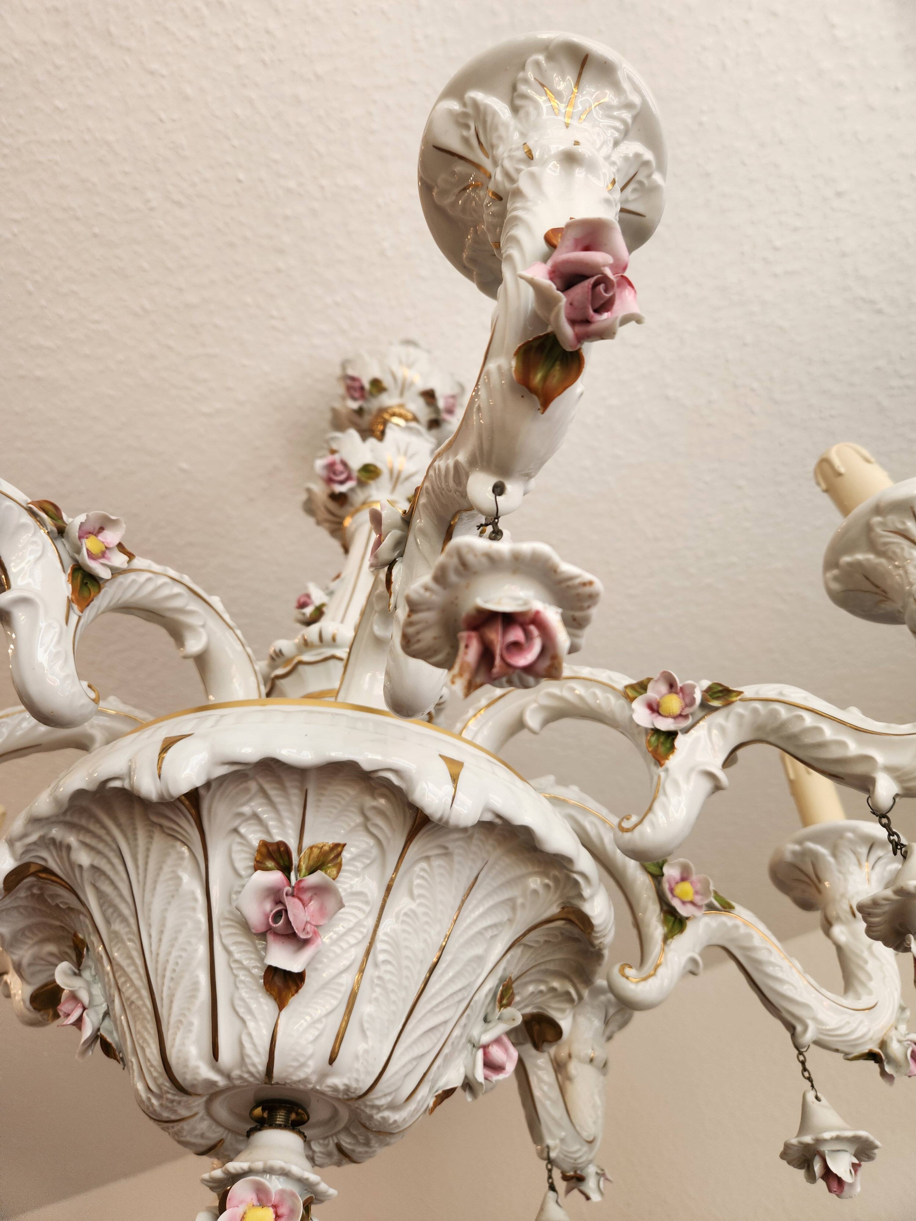 Large hand-painted gilded chandelier mangani ceramiche porcelain
