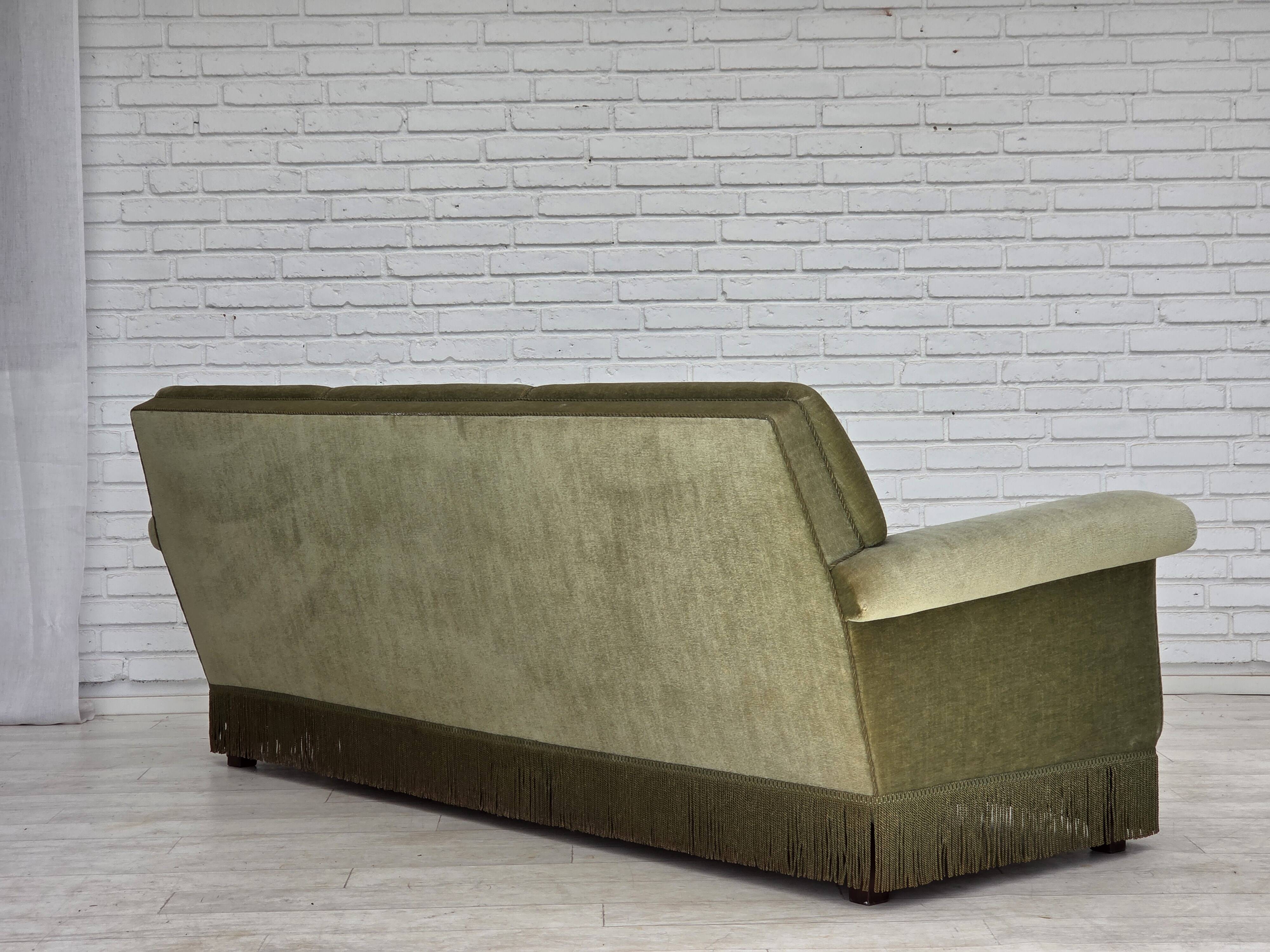 1970s, Danish 3-seater sofa, green furniture velour, beech wood.