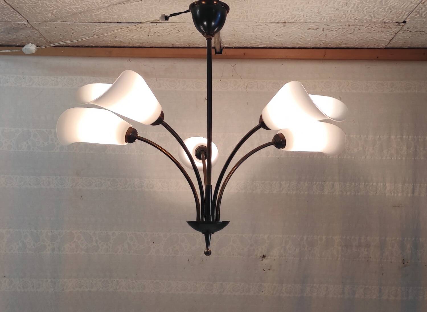 5-light chandelier in metal and opaline - mid-20th century