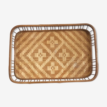Vintage rectangular braided bamboo platter 1960