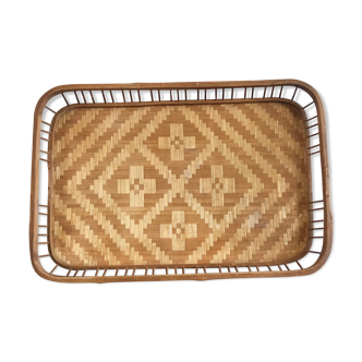 Vintage rectangular braided bamboo platter 1960