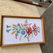Embroidered tableau Kalocsa in multicolour on a white background, wooden and glass frame, vintage 1950s.
