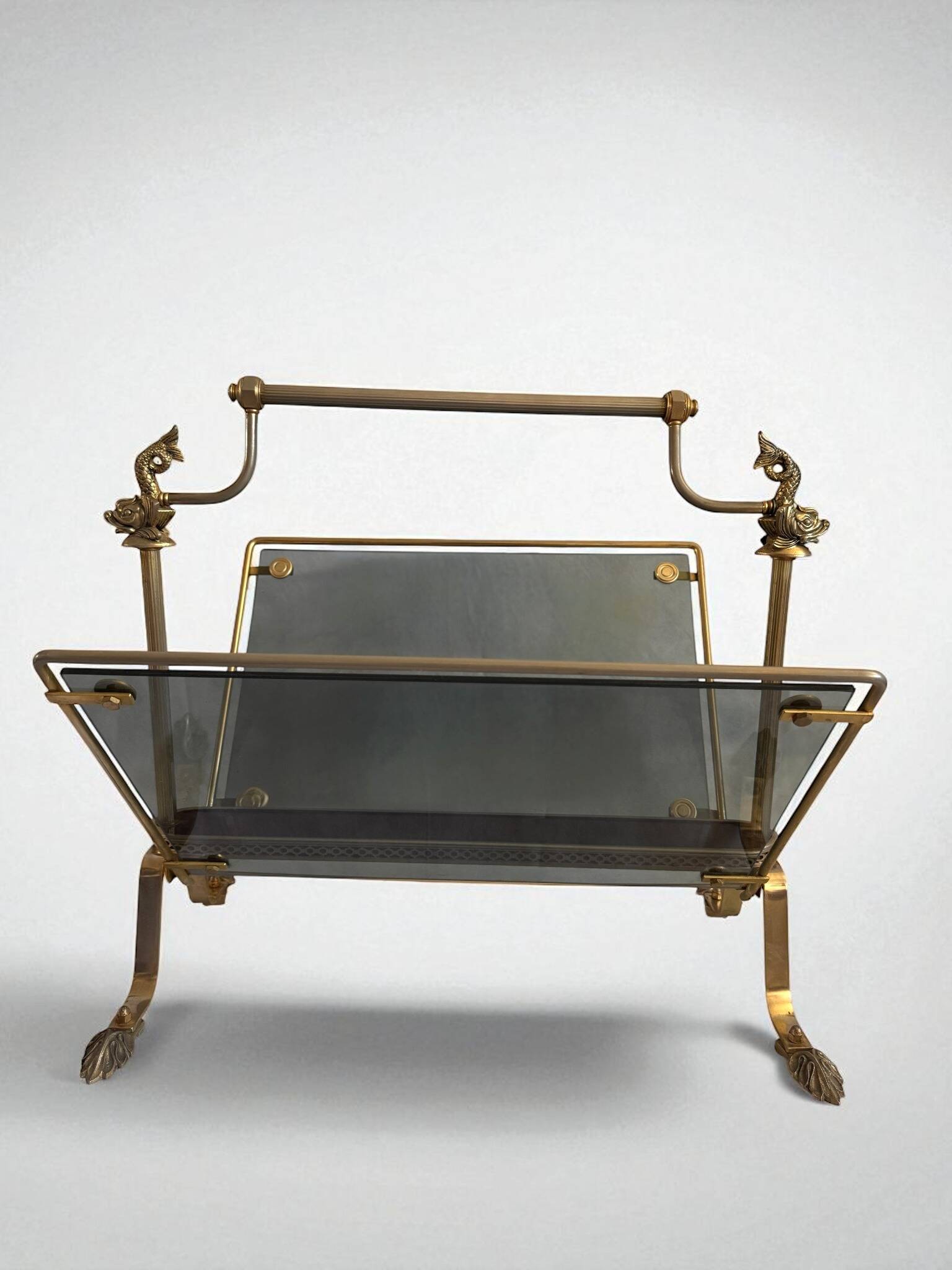Magazine rack in brass and smoked glass, Maison Jansen style, 1950s