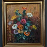 Oil on panel by Picquet still life bouquet of flowers 20th century