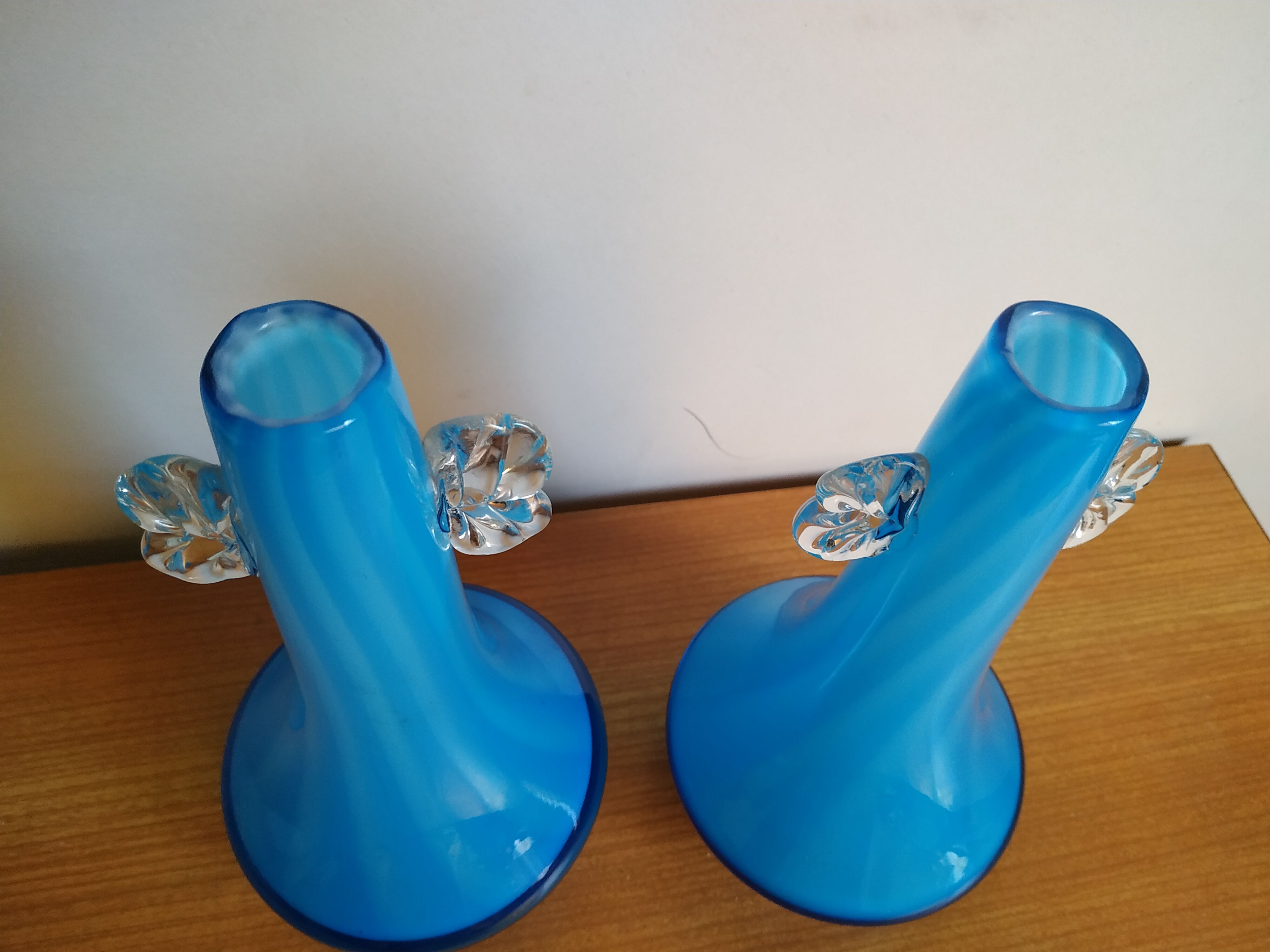 Pair of white twisted blue vases in Murano taste