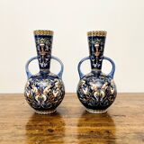 Magnificent Pair of Gien Ceramic Handled Vases, Renaissance Series