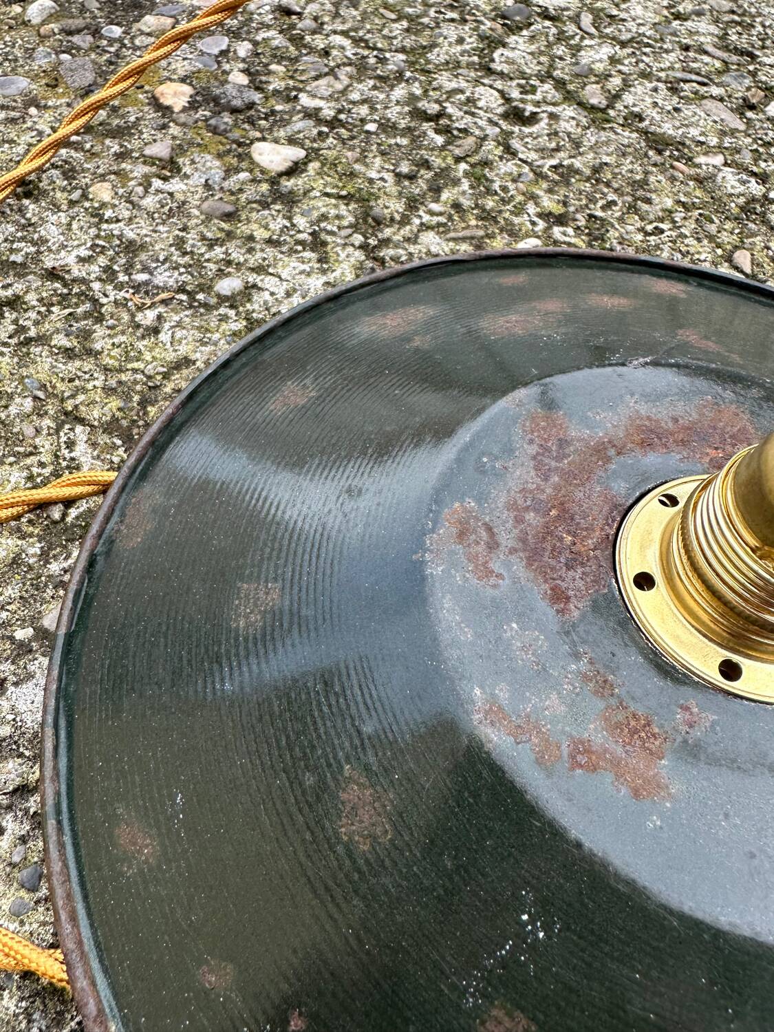 Old industrial black and white vintage enameled sheet metal pendant light