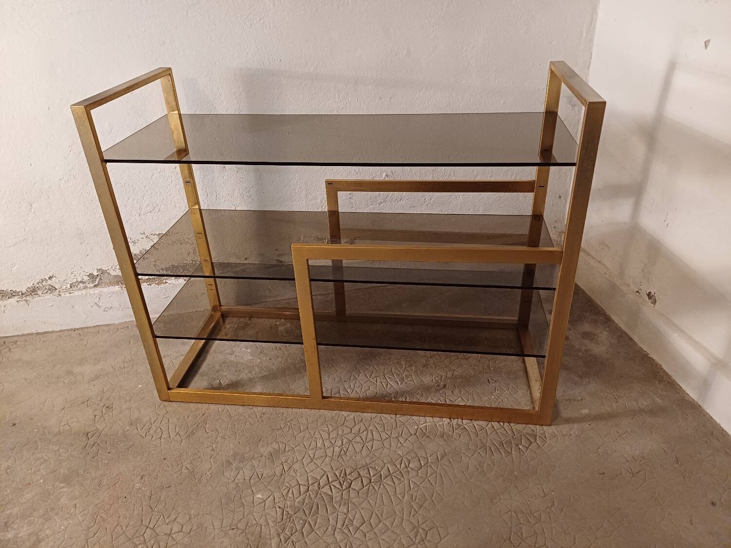 Brass shelf, smoked glass