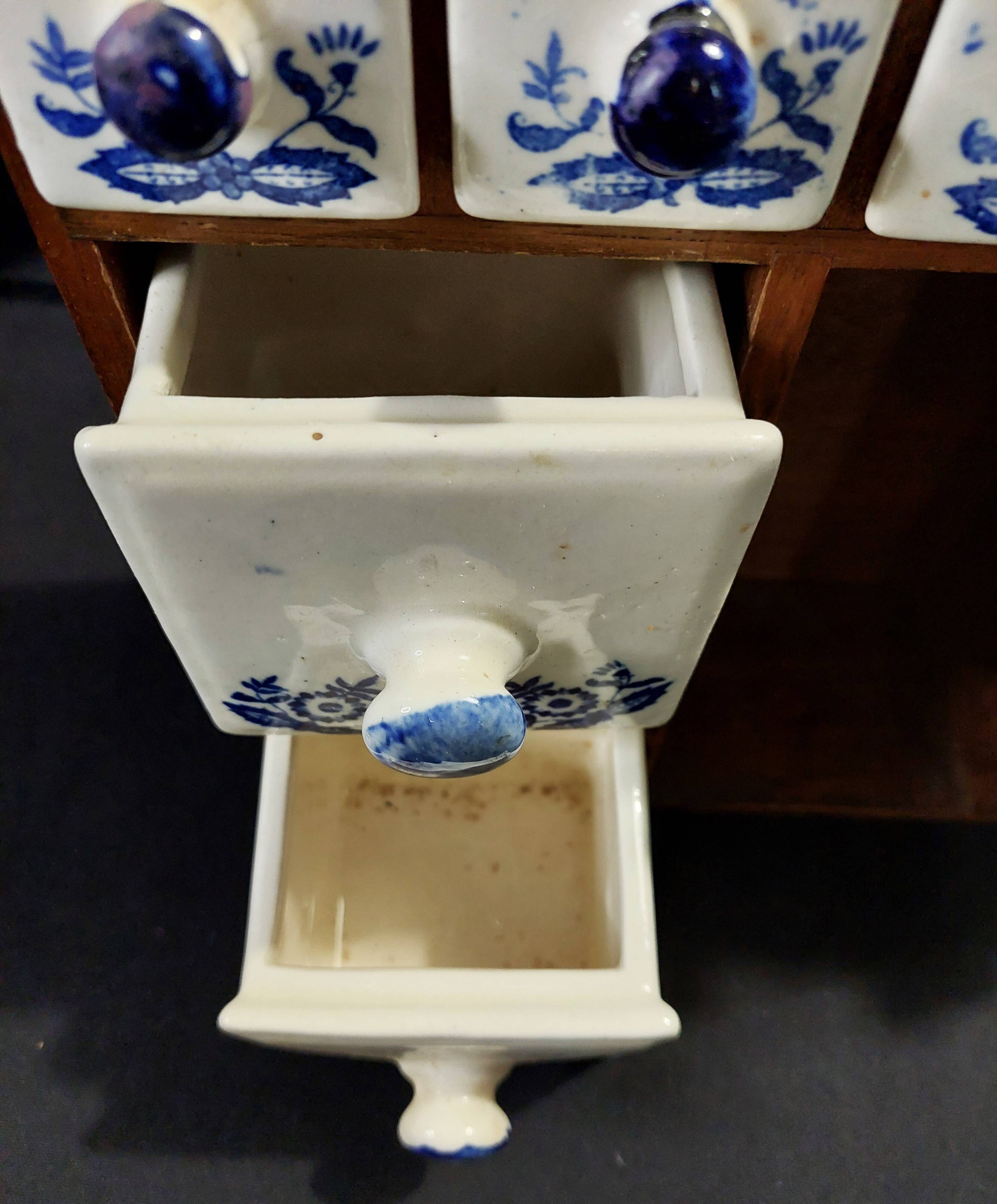 Vintage spice rack wood and earthenware blue decor