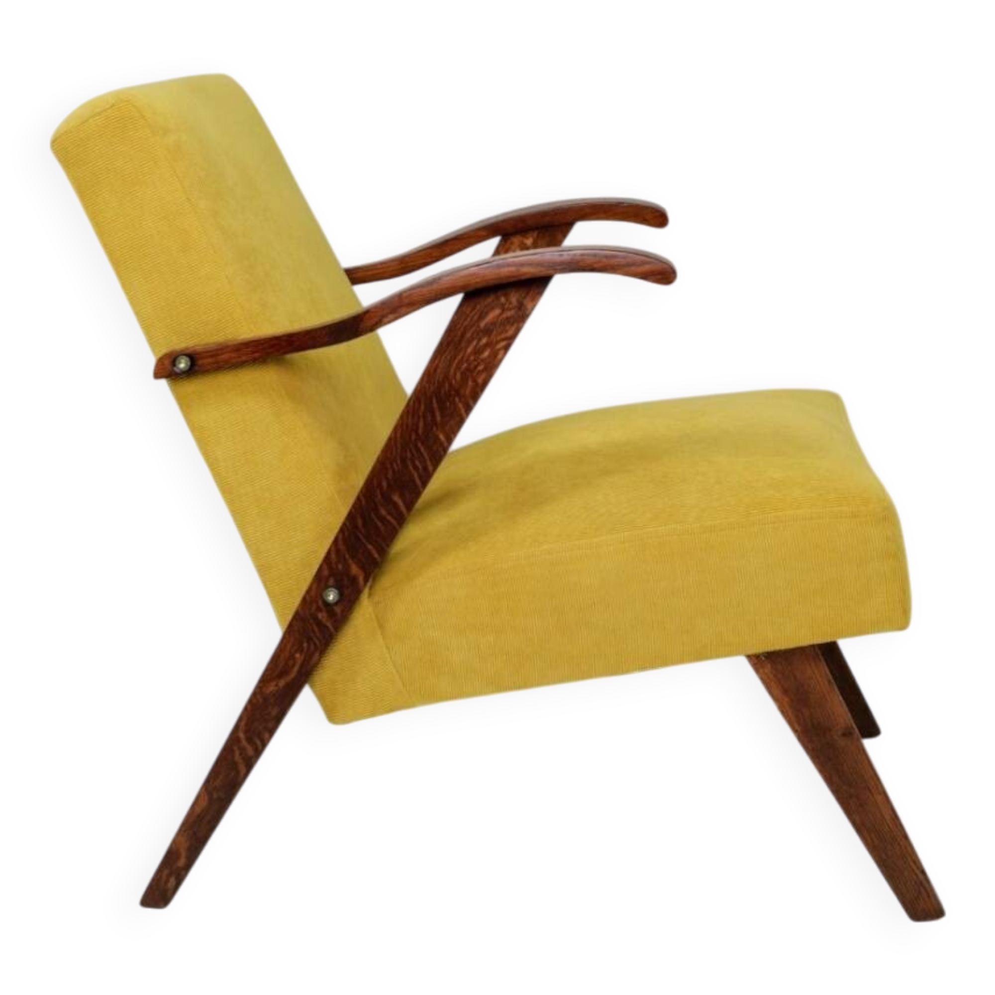 Fauteuil scandinave velours côtelé jaune citron chêne 1960