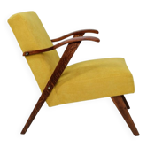 Fauteuil scandinave velours côtelé jaune citron chêne 1960