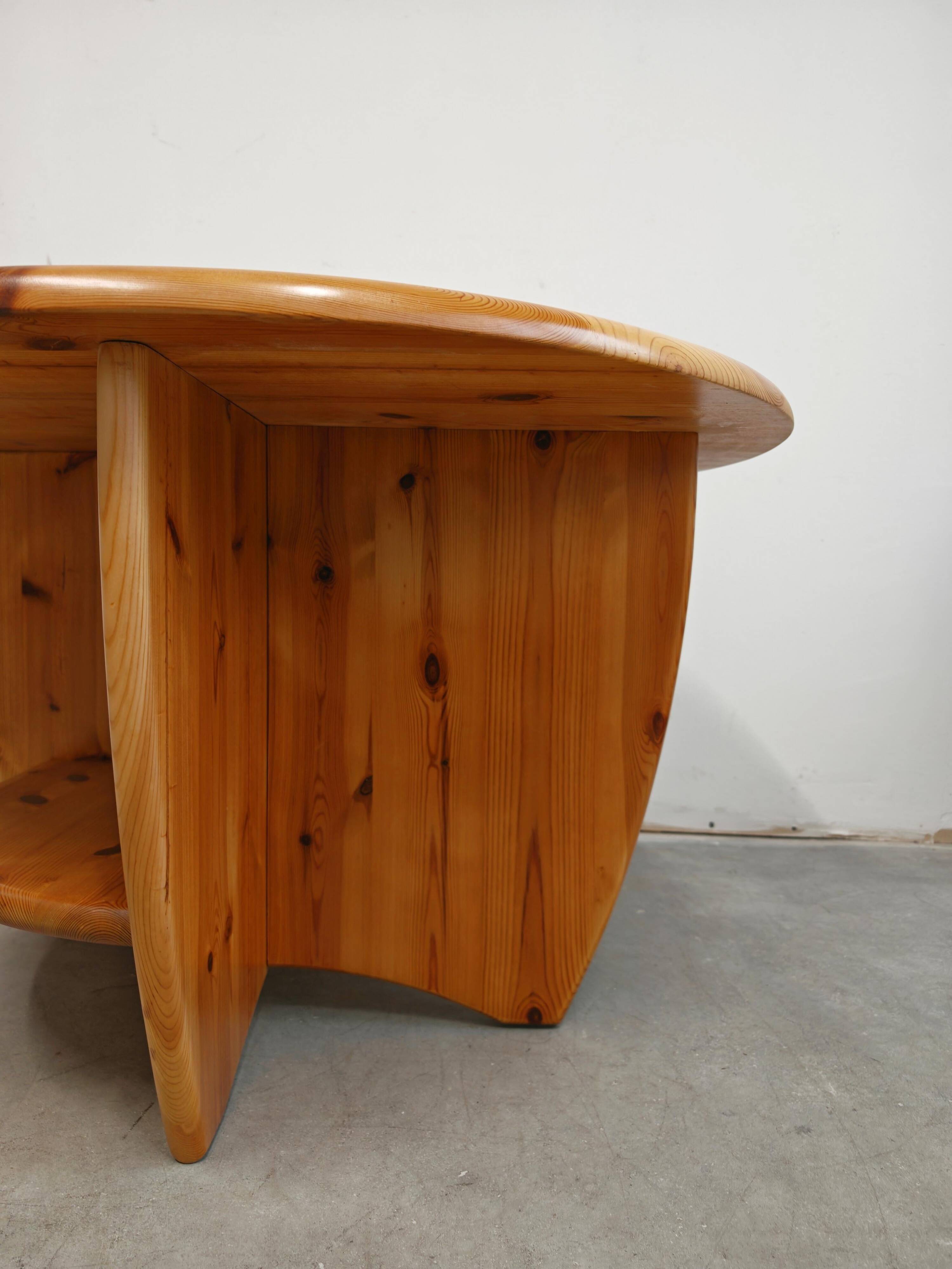 1970s solid pine brutalist round coffee table
