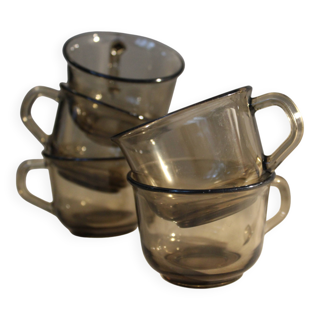 Lot De 4 Tasses à Café Vintage En Verre Fumé Veraco - Occasion, Super État
