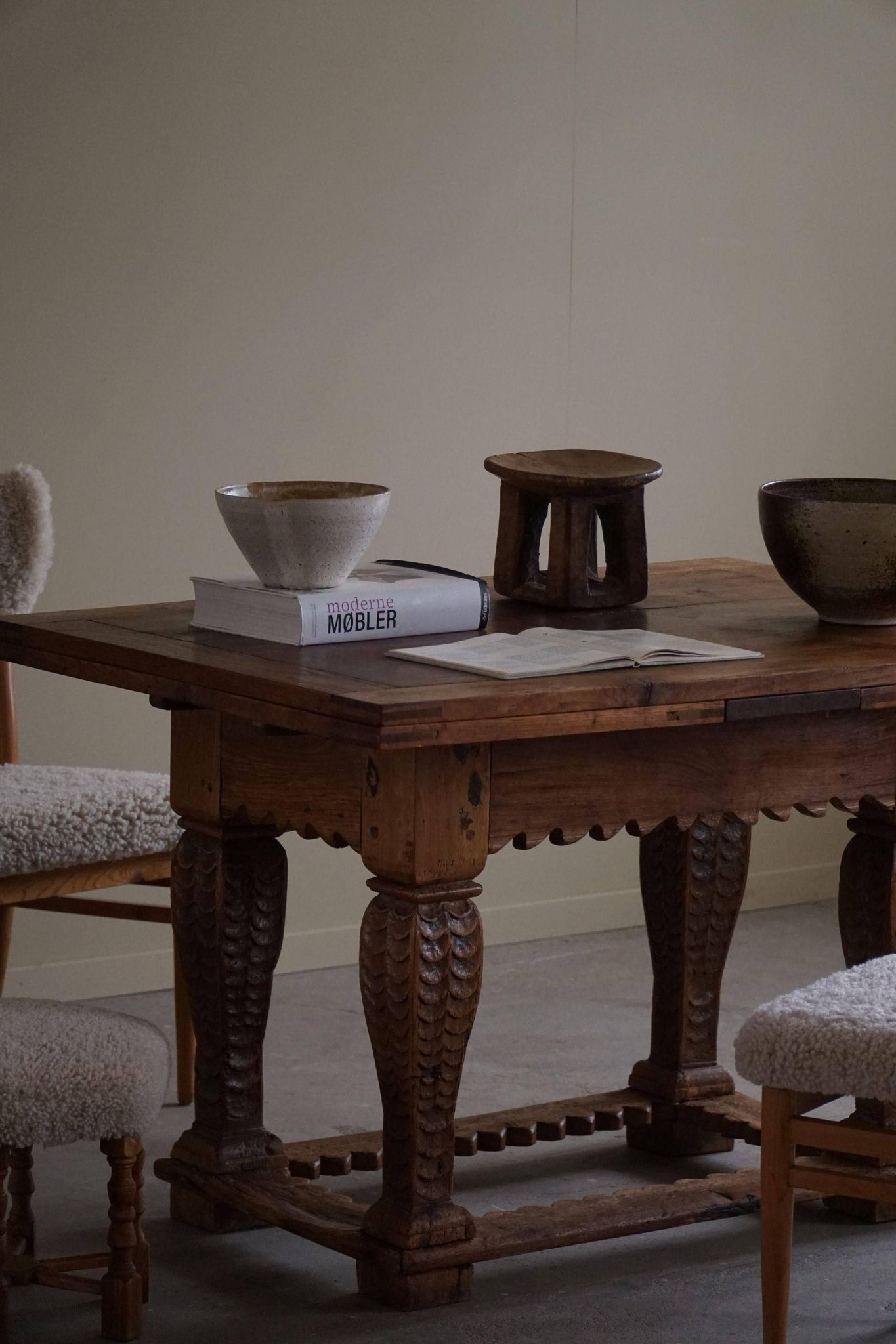 Antique Baroque dining table/desk in oak, Danish cabinetmaker, 19th century.