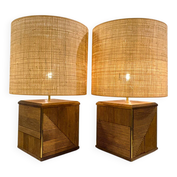 Paire de lampes de table contemporaines en laiton et bois, Italie