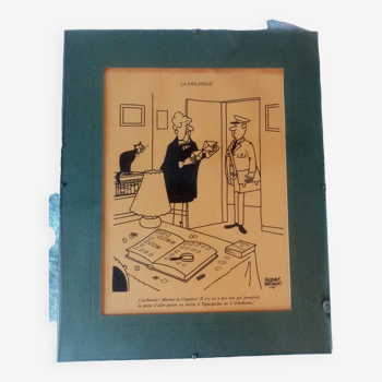 Superbe et rare gravure montee sous verre signee jacques faizant , theme "la poste"